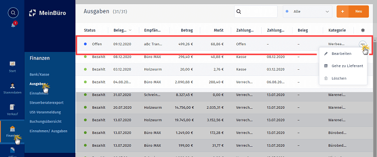 MeinBüro Handbuch für Fortgeschrittene: Ausgaben bearbeiten