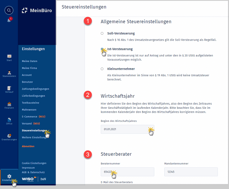 MeinBüro Handbuch für Fortgeschrittene: Steuereinstellungen