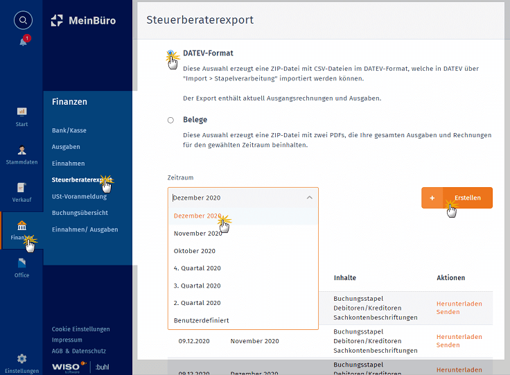 MeinBüro Handbuch für Fortgeschrittene: Steuerberaterexport im DATEV Format für Dezember 2020