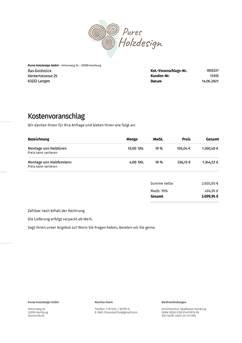 Kostenvoranschlag in MeinBüro Web erstellen