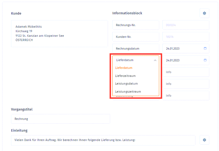 Handbuch für WISO MeinBüro Web: Infoblock Lieferdatum