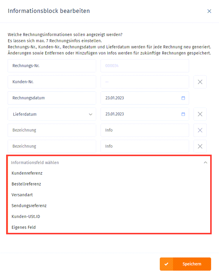 Handbuch für WISO MeinBüro Web: Infofeld Auswahl