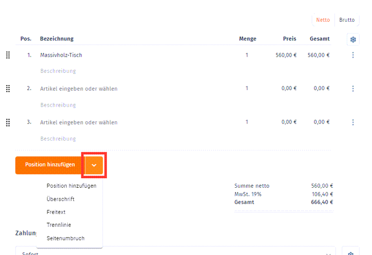 Handbuch für WISO MeinBüro Web: Position hinzufügen Drop-Down-Menü