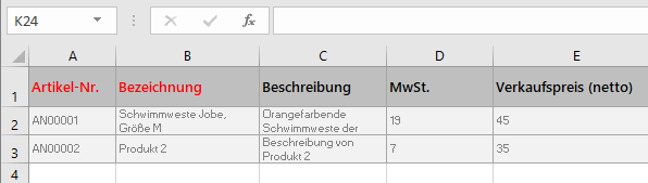 MeinBüro Handbuch für Einsteiger: Excelvorlage - Artikel-Nr., Bezeichnung, Beschreibung, MwSt., Verkaufspreis (netto)