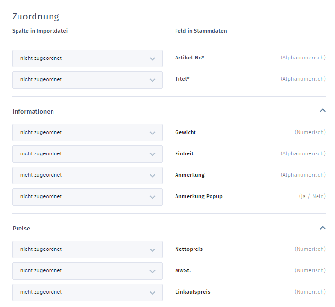 MeinBüro Handbuch für Einsteiger: Artikel-Import - Zuordnung von Spalten und Feldern (ausgeklappt)