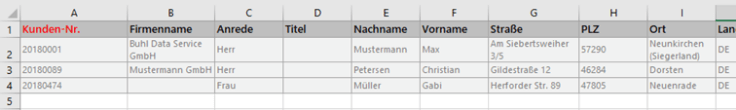 MeinBüro Handbuch für Einsteiger: Excelvorlage - Kunden-Nr., Firmenname, Anrede, Titel, Nachname, Vorname, Anschrift