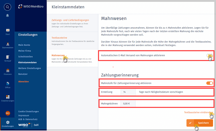 MeinBüro Handbuch für Einsteiger: Mahnwesen im Arbeitsbereich "Kleinstammdaten"