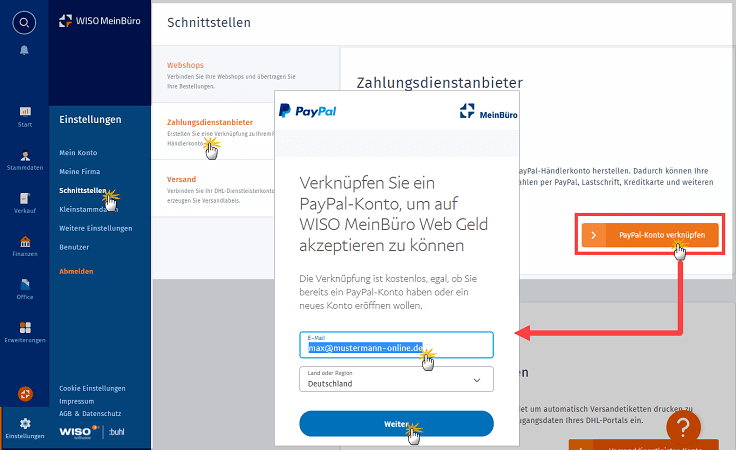 MeinBüro Handbuch für Einsteiger: PayPal Konto verknüpfen im Arbeitsbereich "Schnittstellen"