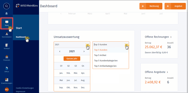 MeinBüro Handbuch für Einsteiger: Dashboard Umsatzauswertung