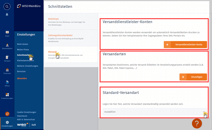 MeinBüro Handbuch für Einsteiger: Versand im Arbeitsbereich "Schnittstellen"