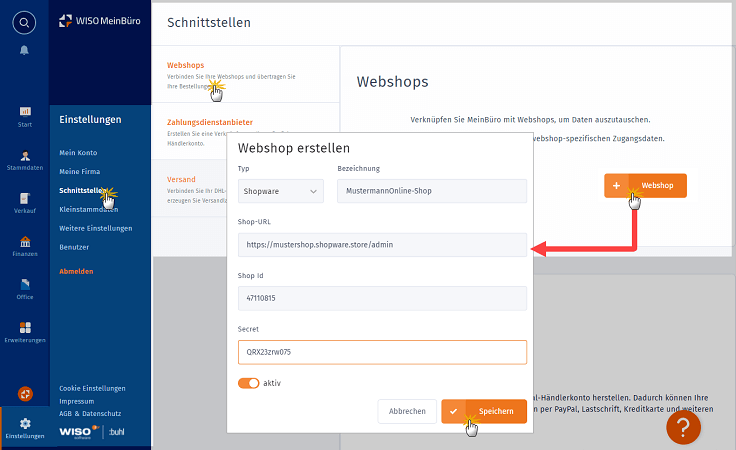 MeinBüro Handbuch für Einsteiger: Webshop hinzufügen im Arbeitsbereich "Schnittstellen"