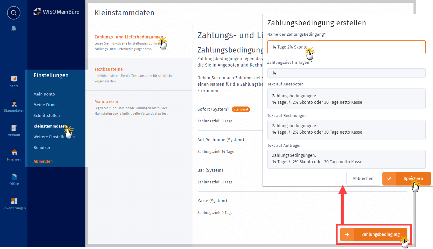 MeinBüro Handbuch für Einsteiger: Zahlungsbedingungen im Arbeitsbereich "Kleinstammdaten"