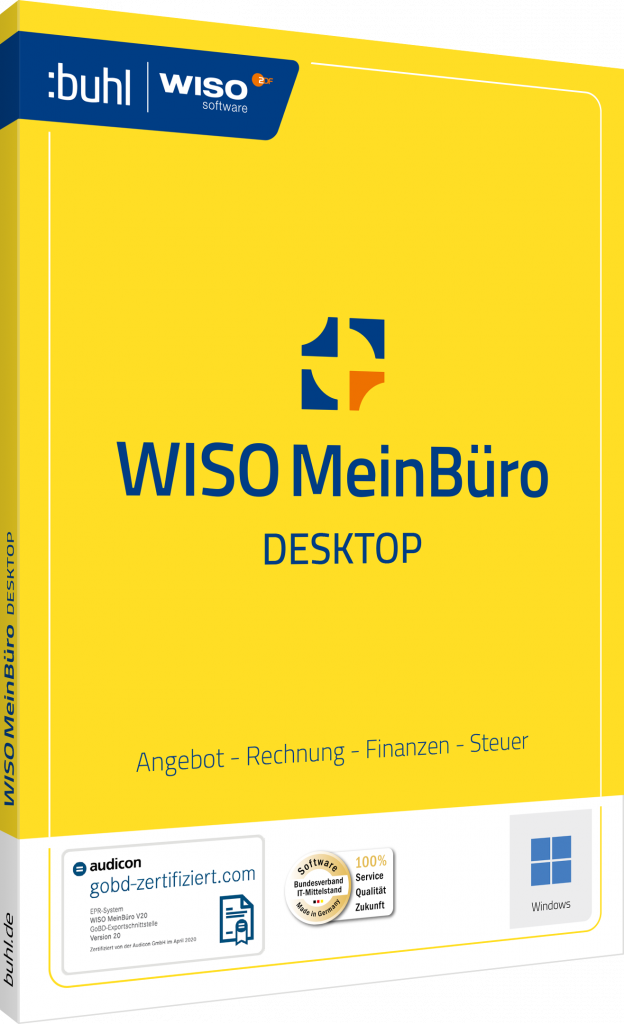 Packshots des Produkts WISO MeinBüro Desktop mit denen Unternehmer ihre Warenwirtschaft abbilden können.