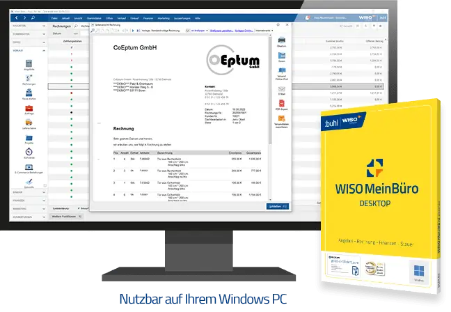 Packshot und Monitor mit Screenshot der Benutzeroberfläche des Rechnungsprogramms WISO MeinBüro Desktop für Windows-PCs.