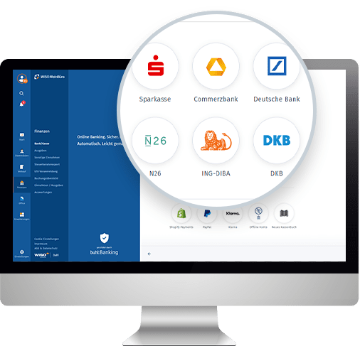 Ein Monitor, der den Online-Banking Bereich von WISO MeinBüro Web zeigt.