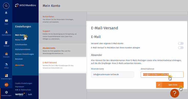 MeinBüro Handbuch für Einsteiger: E-Mail Versand im Arbeitsbereich "Mein Konto"