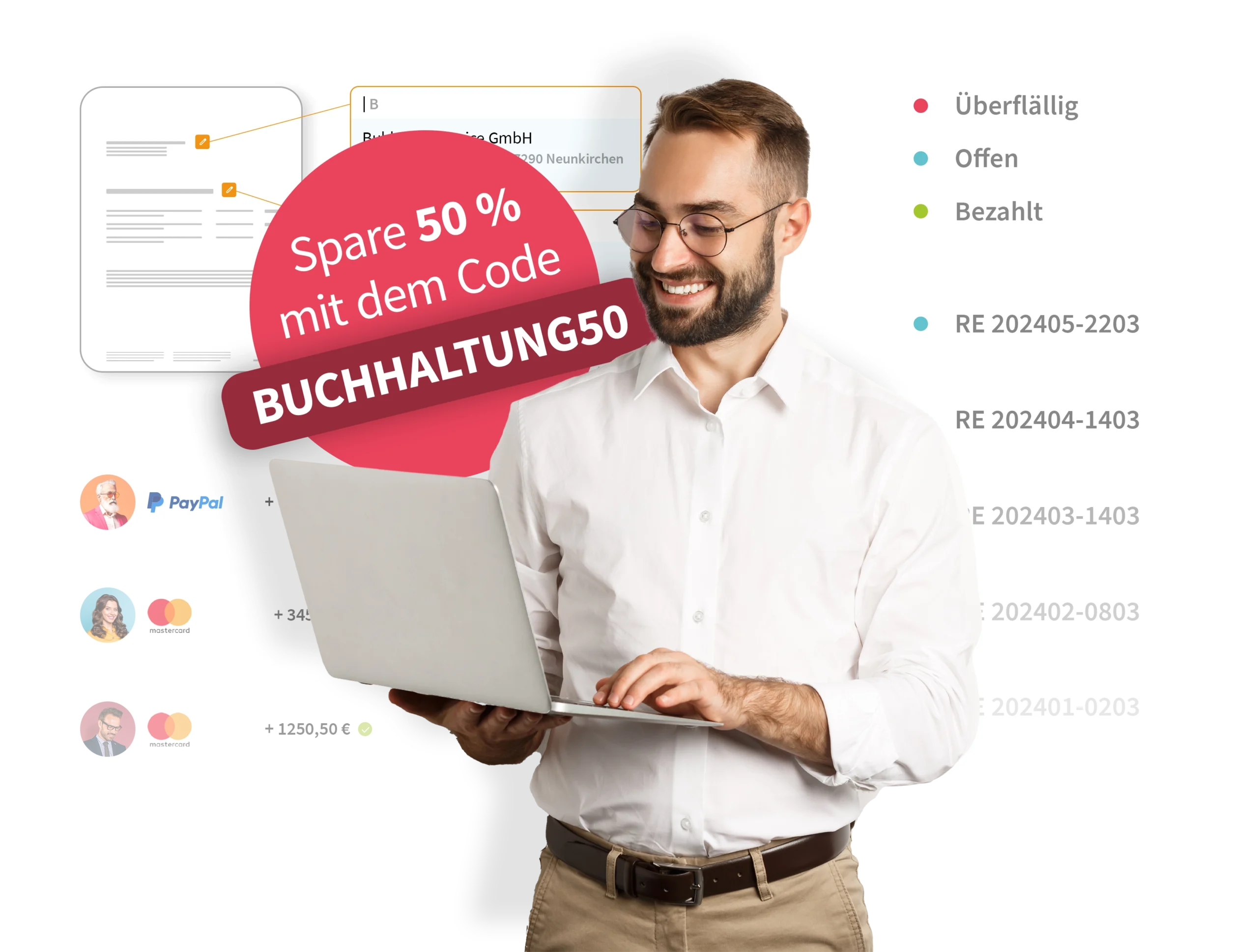Mann mit Laptop und Rabattcode "Buchhaltung50" für 50 % Ersparnis