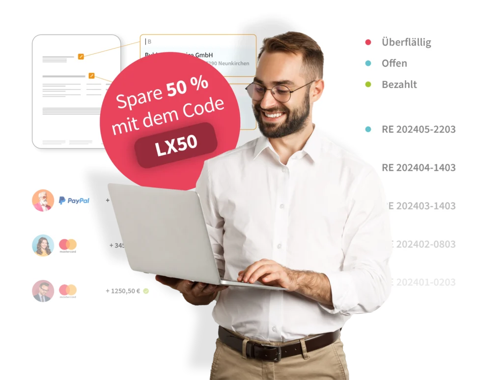 Mann mit Laptop und Rabattcode "LX50" für 50 % Ersparnis