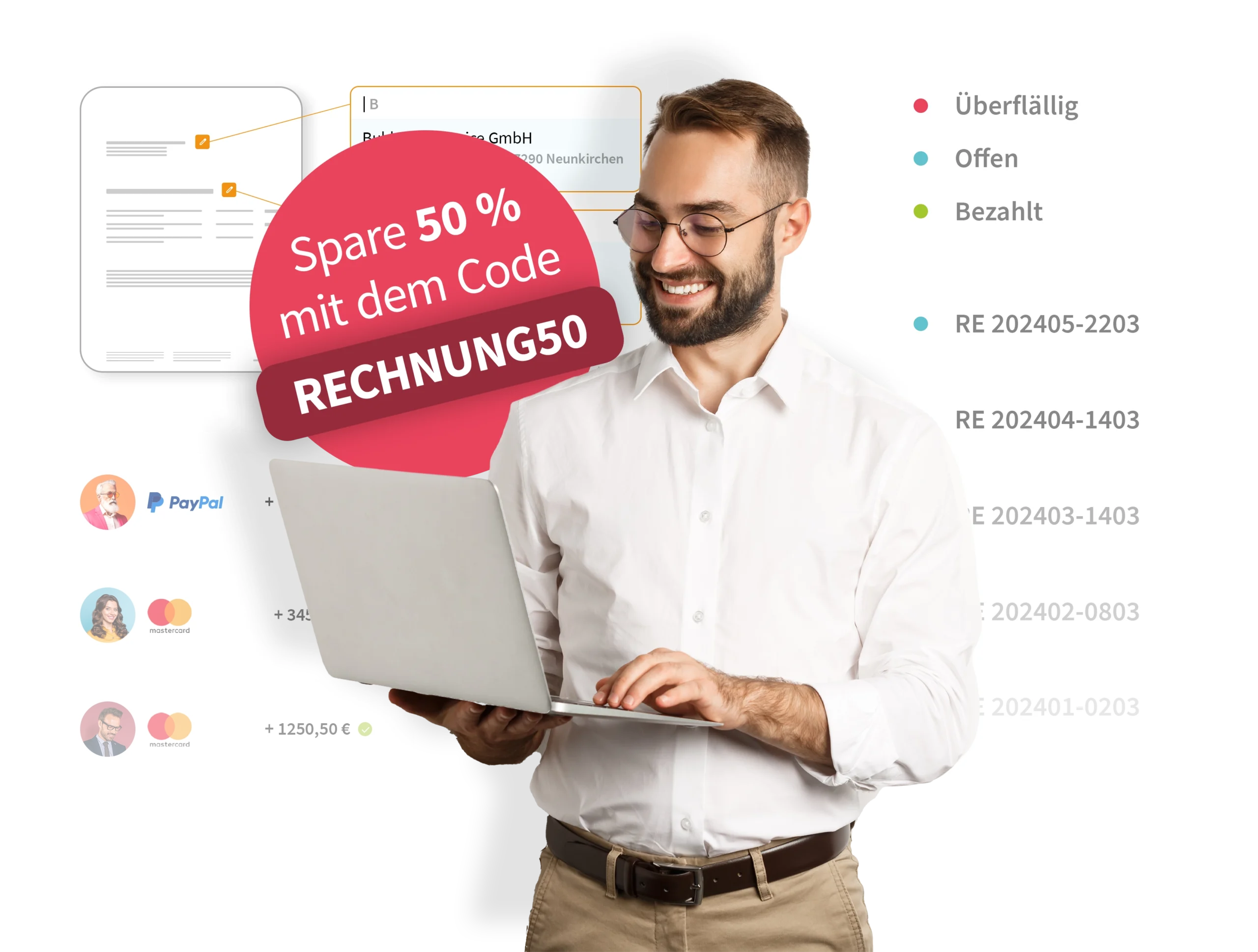 Mann mit Laptop und Rabattcode "Rechnung50" für 50 % Ersparnis