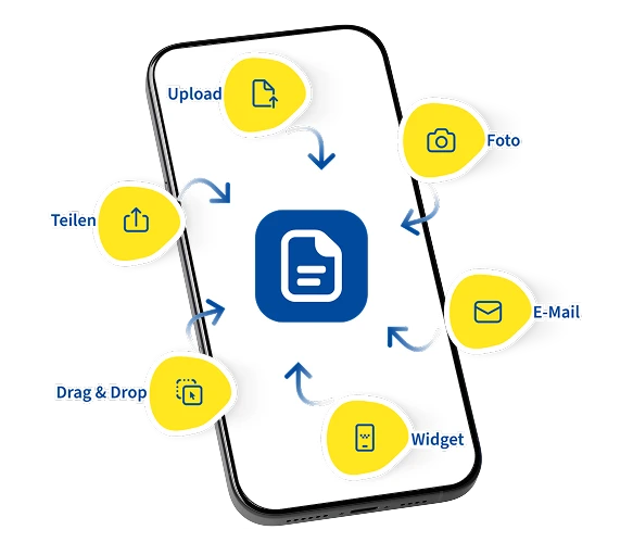 dokublick App auf einem Smartphone mit verschiedenen Importmöglichkeiten wie Foto, E-Mail und Drag and Drop per Icons.