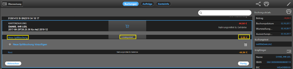 finanzblick Buchungen spliten Ergebnis 