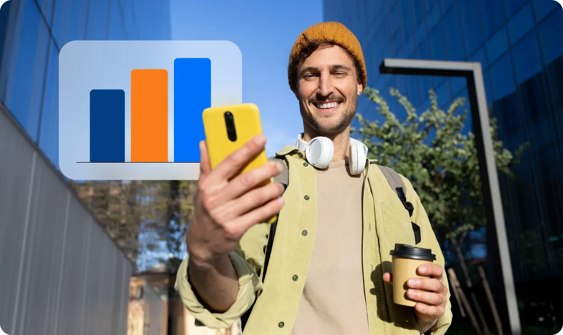 Ein lächelnder Mann vor moderner Architektur betrachtet eine finanzblick Statistik mit blauen und orangenen Balken.