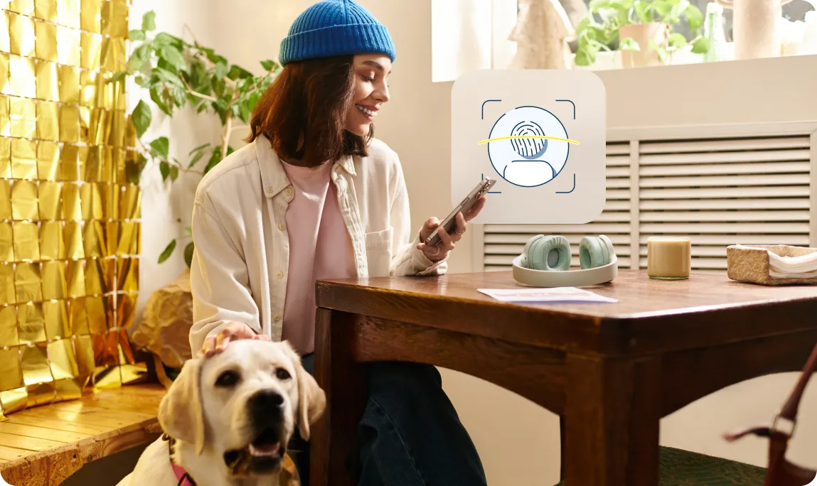 In gemütlicher Atmosphäre nutzt eine Frau die finanzblick App mit biometrischer Sicherung per Fingerabdruck-Scan.