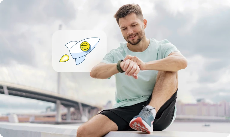 Ein Sportler checkt seine finanzblick App auf der Smartwatch, illustriert durch eine startende Rakete mit Euro-Symbol.