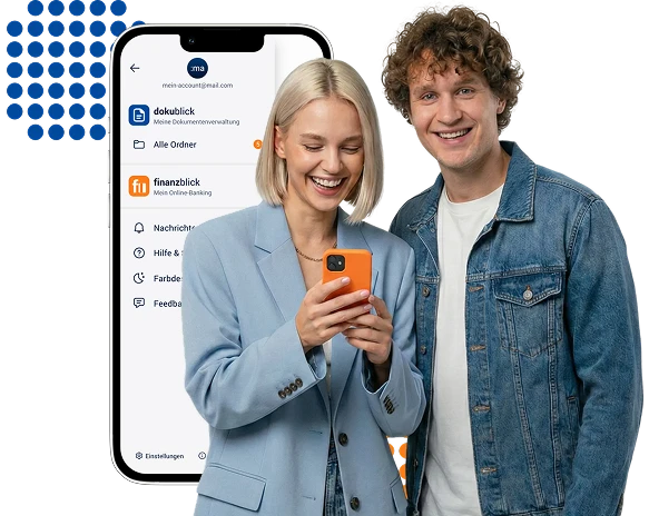 Eine Frau und ein Mann stehen glücklich vor einer dokublick App Illustration.