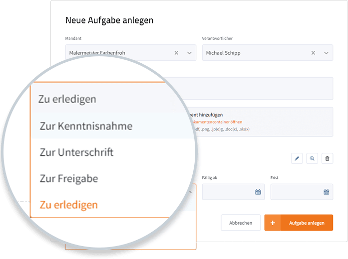 Vier verschieden Aufgabentypen: Zu erledigen, zur Kenntnisnahme, zur Unterschrift, zur Freigabe
