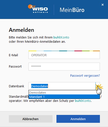 Erste Anmeldung in WISO MeinBüro Desktop