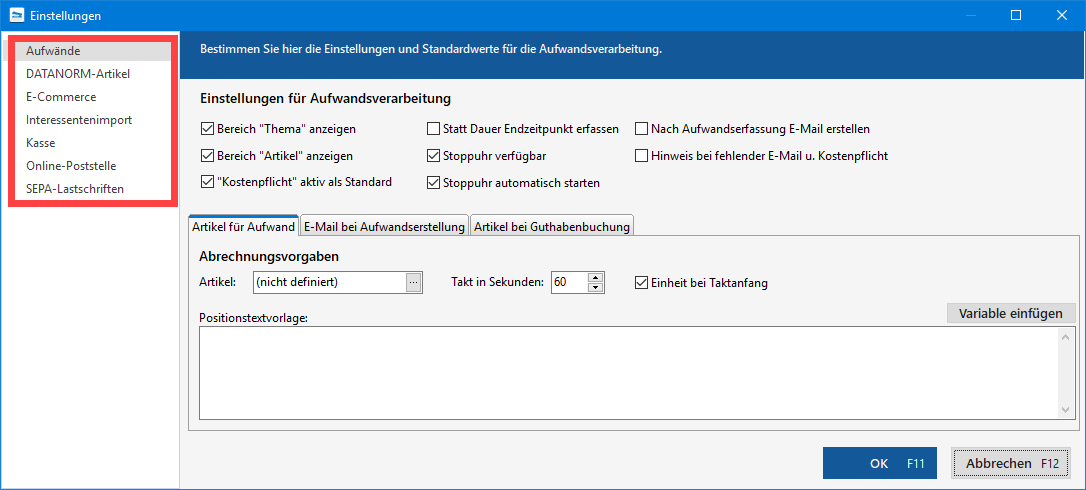 Einstellungen für Standartwerte