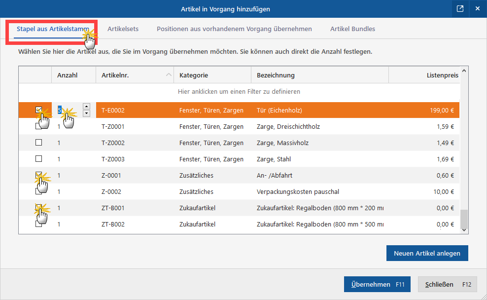 Artikel in Vorgang hinzufügen