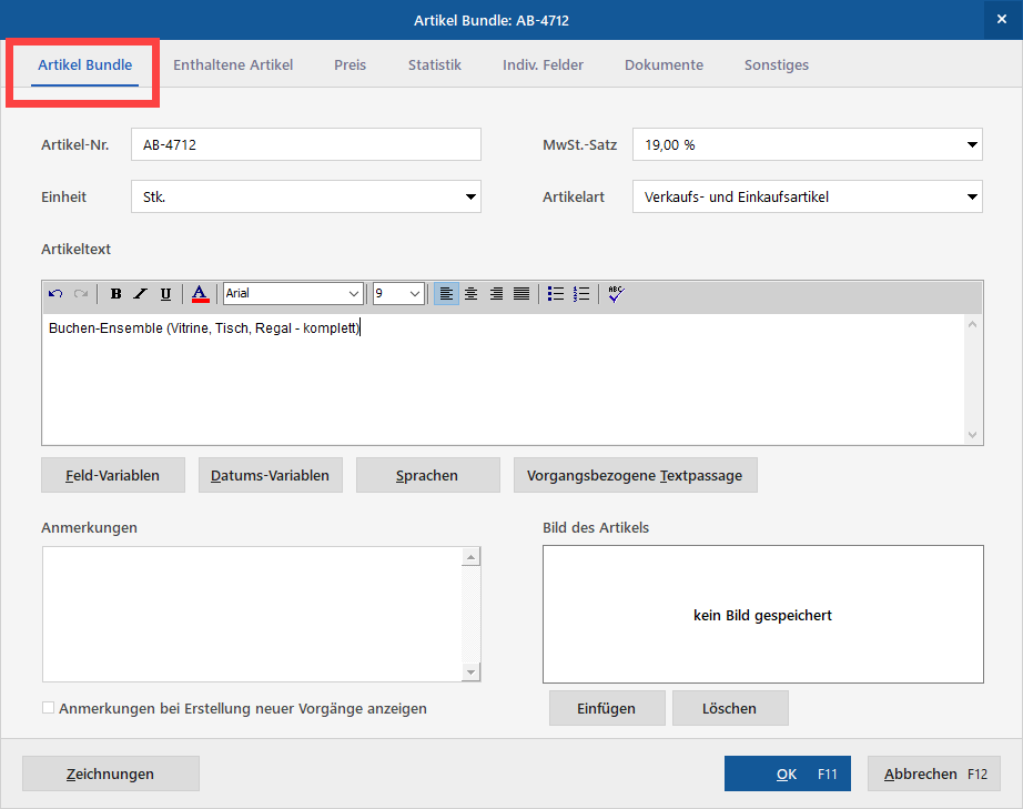 Artikel Bundles einfügen