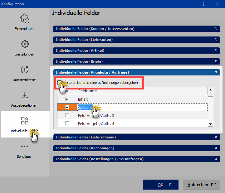 Individuelle Angebots-Felder