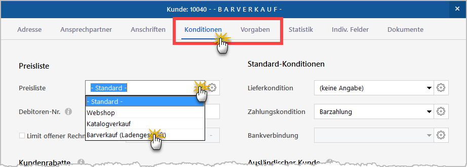 Barverkauf-Voreinstellungen treffen