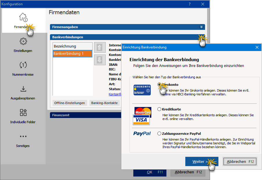 Einrichtung der Bankverbindung