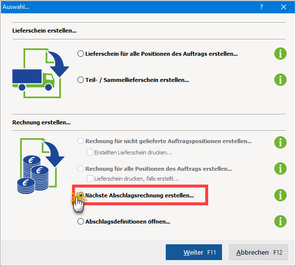 Neue Abschlagsrechnung erstellen