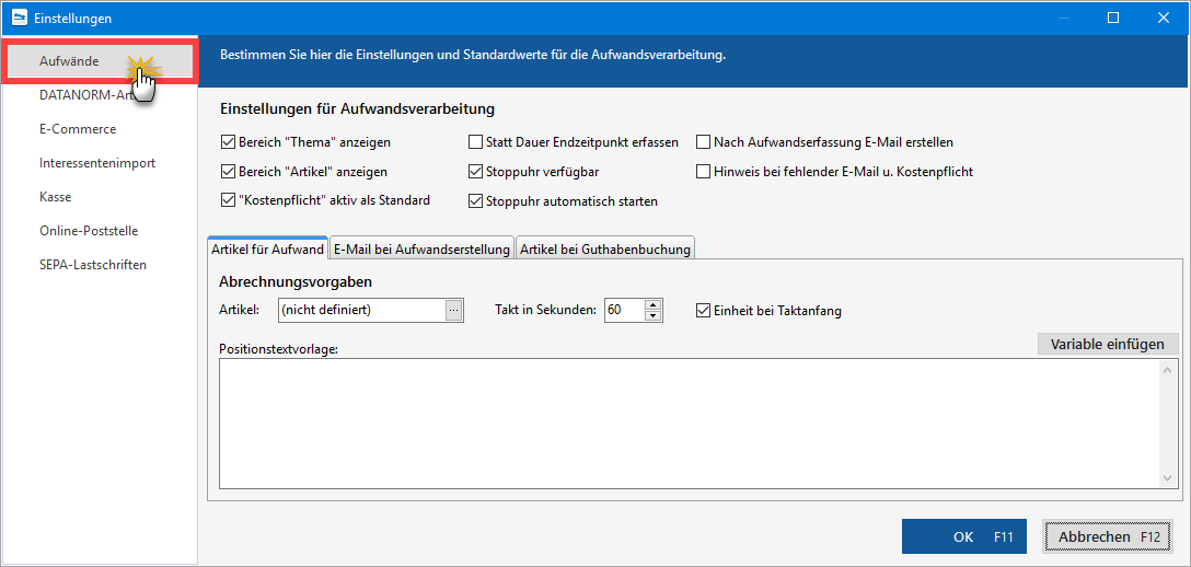 Einstellungen: Aufwände