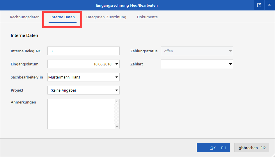 Eingangsrechnung: Interne Daten