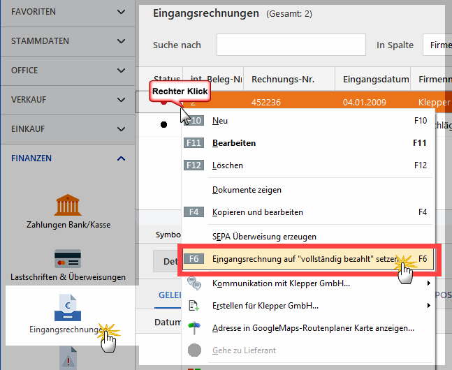 Eingangsrechnung auf vollständig bezahlt setzen