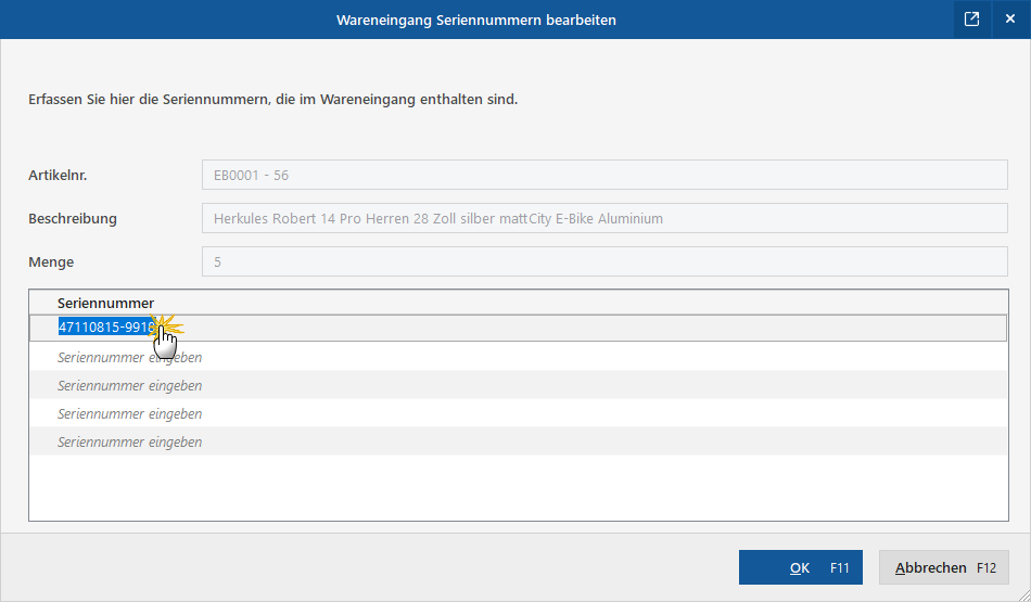 Wareneingang Seriennummer-Bearbeitung