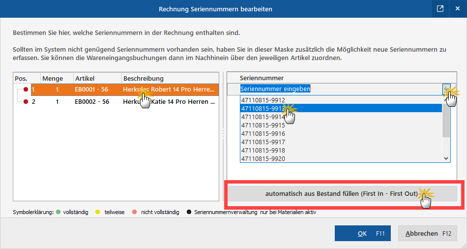 Rechnung Seriennummer-Bearbeitung