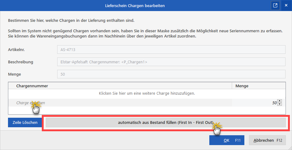 Lieferschein: Chargenbearbeitung