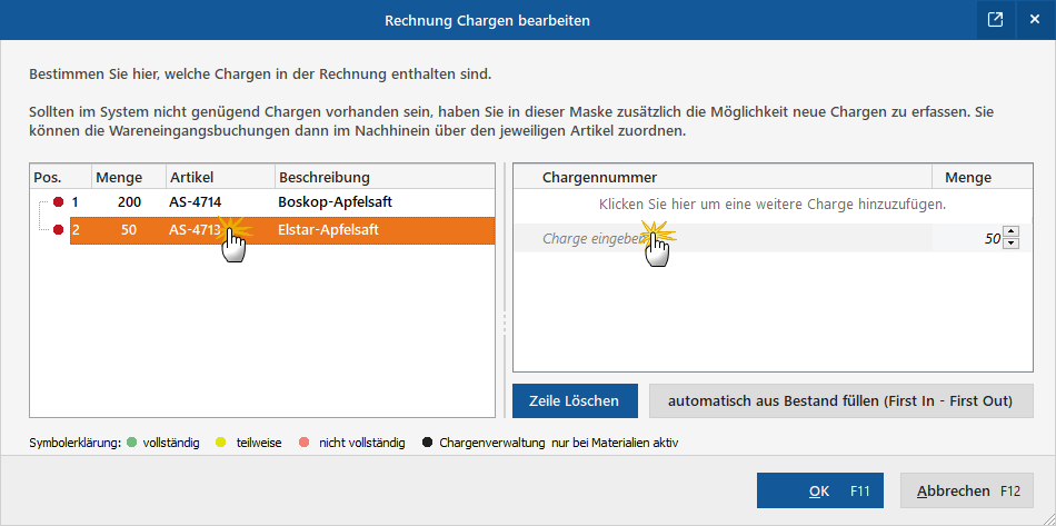 Rechnung: Chargen bearbeiten