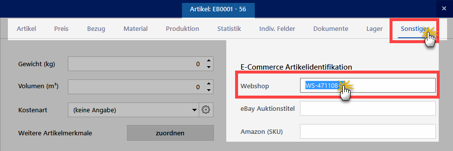 Webshop-Artikelnummer festlegen