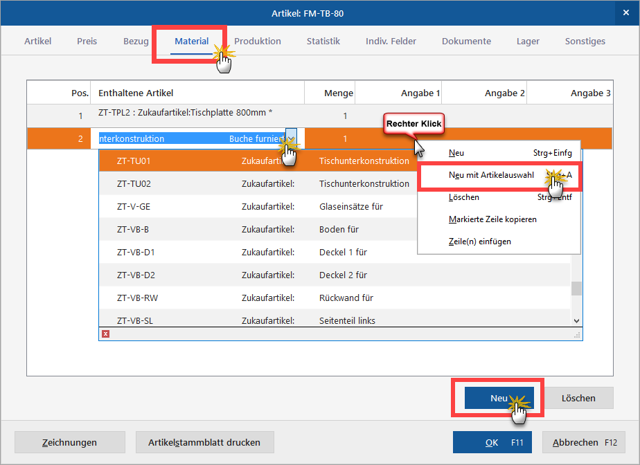 Neu mit Artikelauswahl