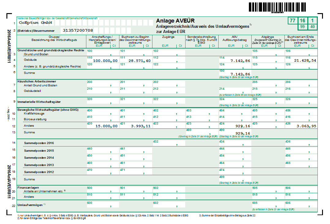 Anlageverzeichnis Steuerauswertungen