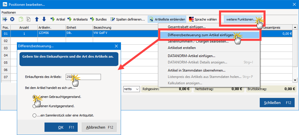 Differenzbesteuerung einfügen