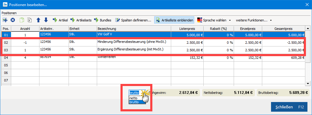 Differenzbesteuerung Positionen
